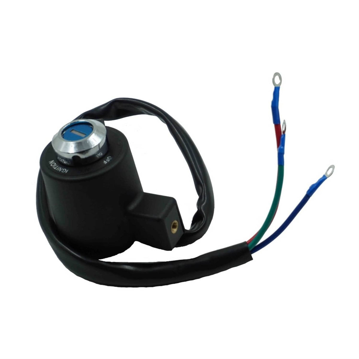 Ignition switch lock set, compact black housing with blue cylinder and colored wire leads
