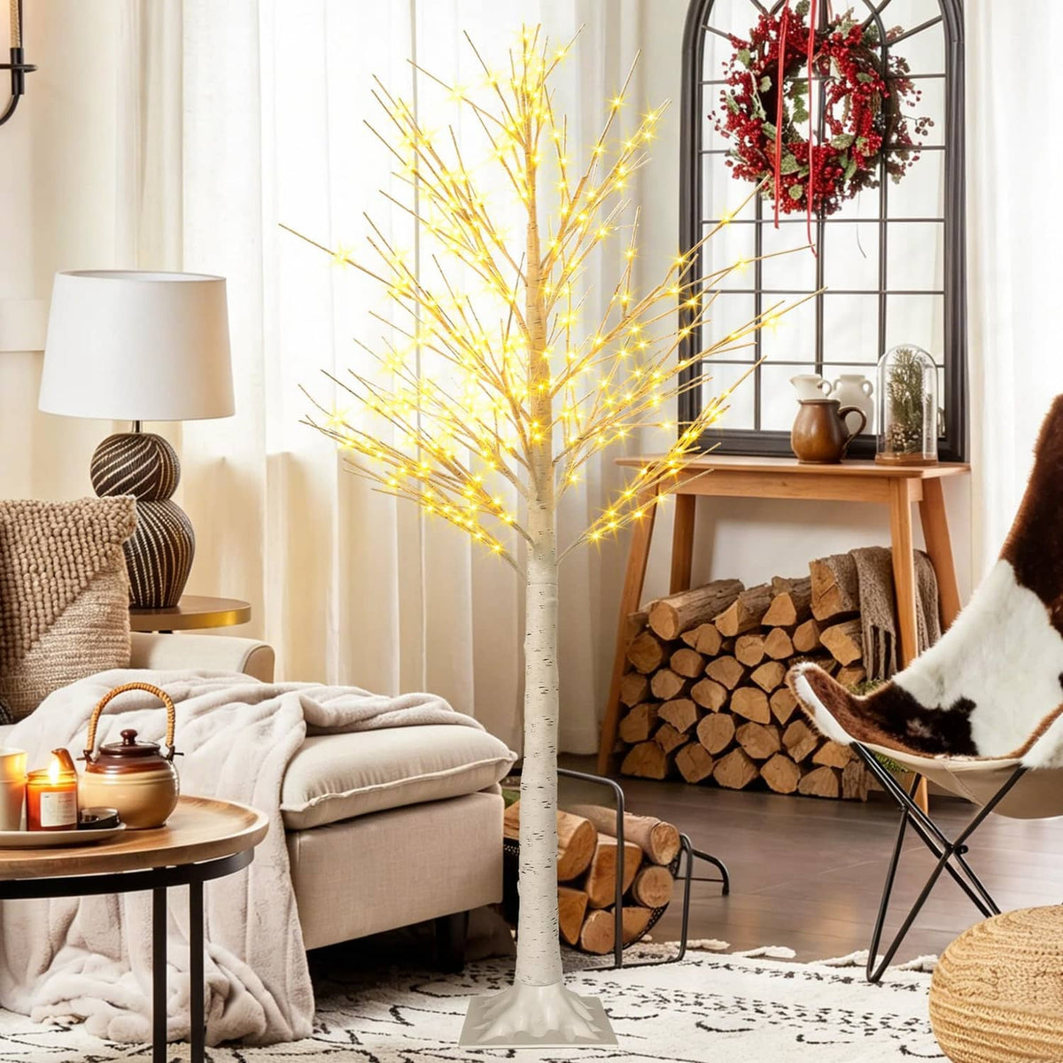 6 ft LED lighted birch tree decoration with warm white lights and white trunk