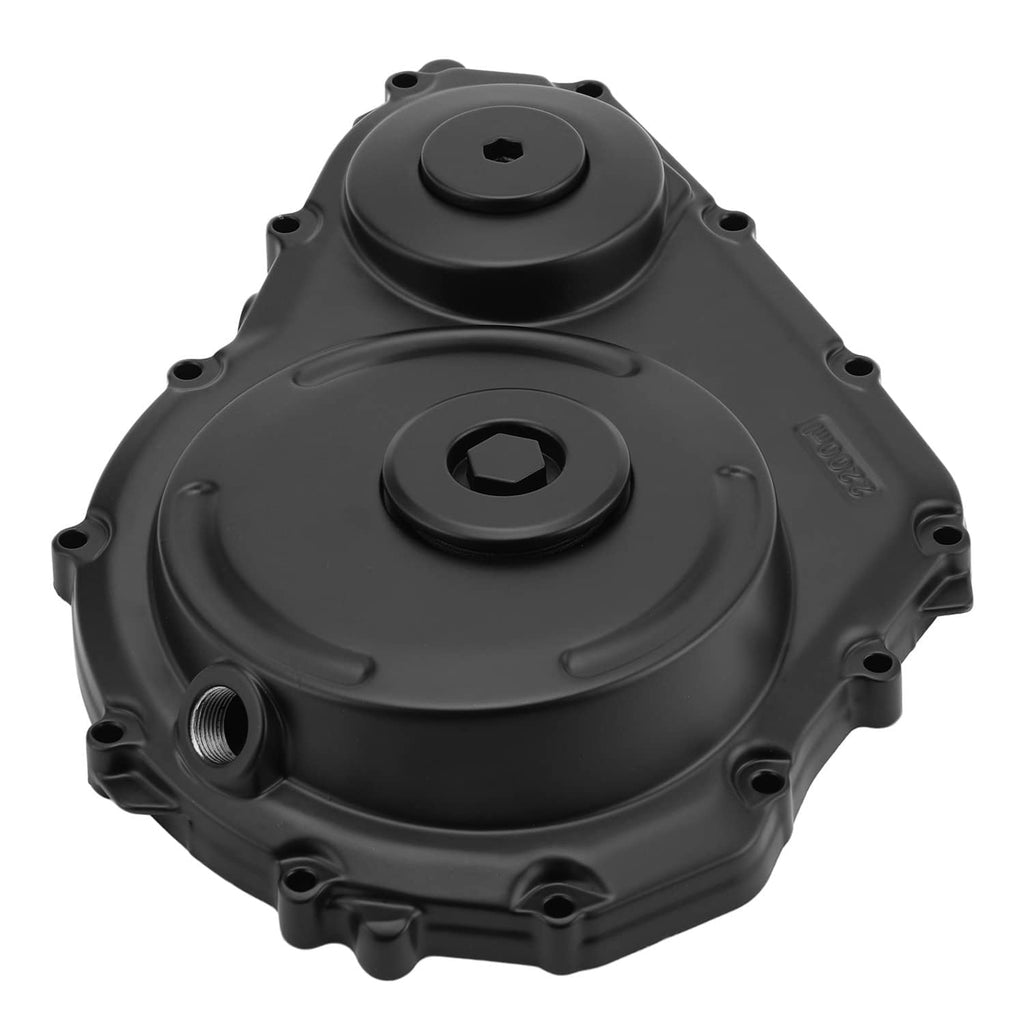 Black crankcase cover with two circular access caps and side threaded ports