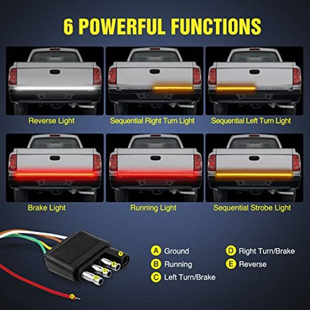 LED tailgate light strip modes: reverse, brake, running, and sequential turn on pickup