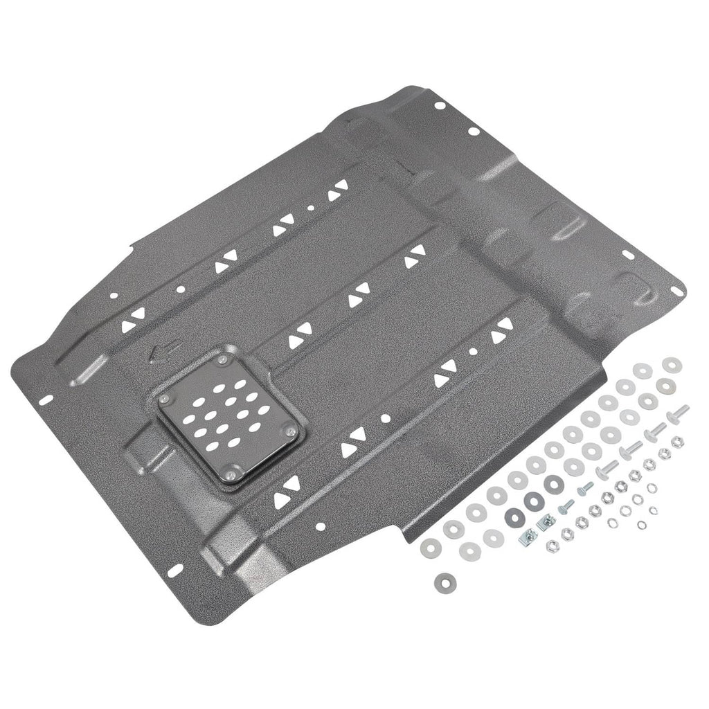 Dark gray transmission skid plate with perforated vent insert and included mounting hardware