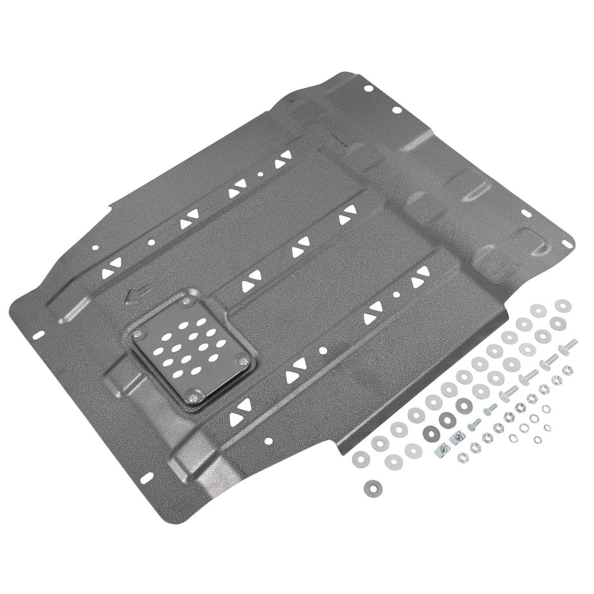 Dark gray transmission skid plate with perforated vent insert and included mounting hardware