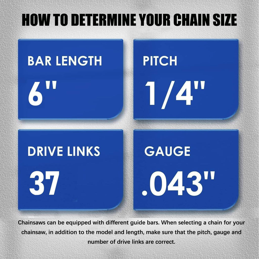 Chainsaw chain size guide graphic: 6 in bar length, 1/4 in pitch, 37 drive links