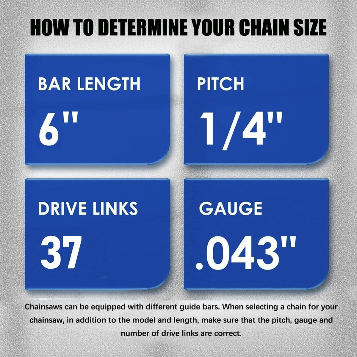 Chainsaw chain size guide graphic: 6 in bar length, 1/4 in pitch, 37 drive links