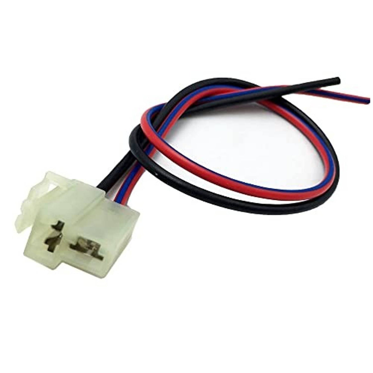 Alternator plug pigtail harness with white 2-pin connector and red, blue, black wire leads