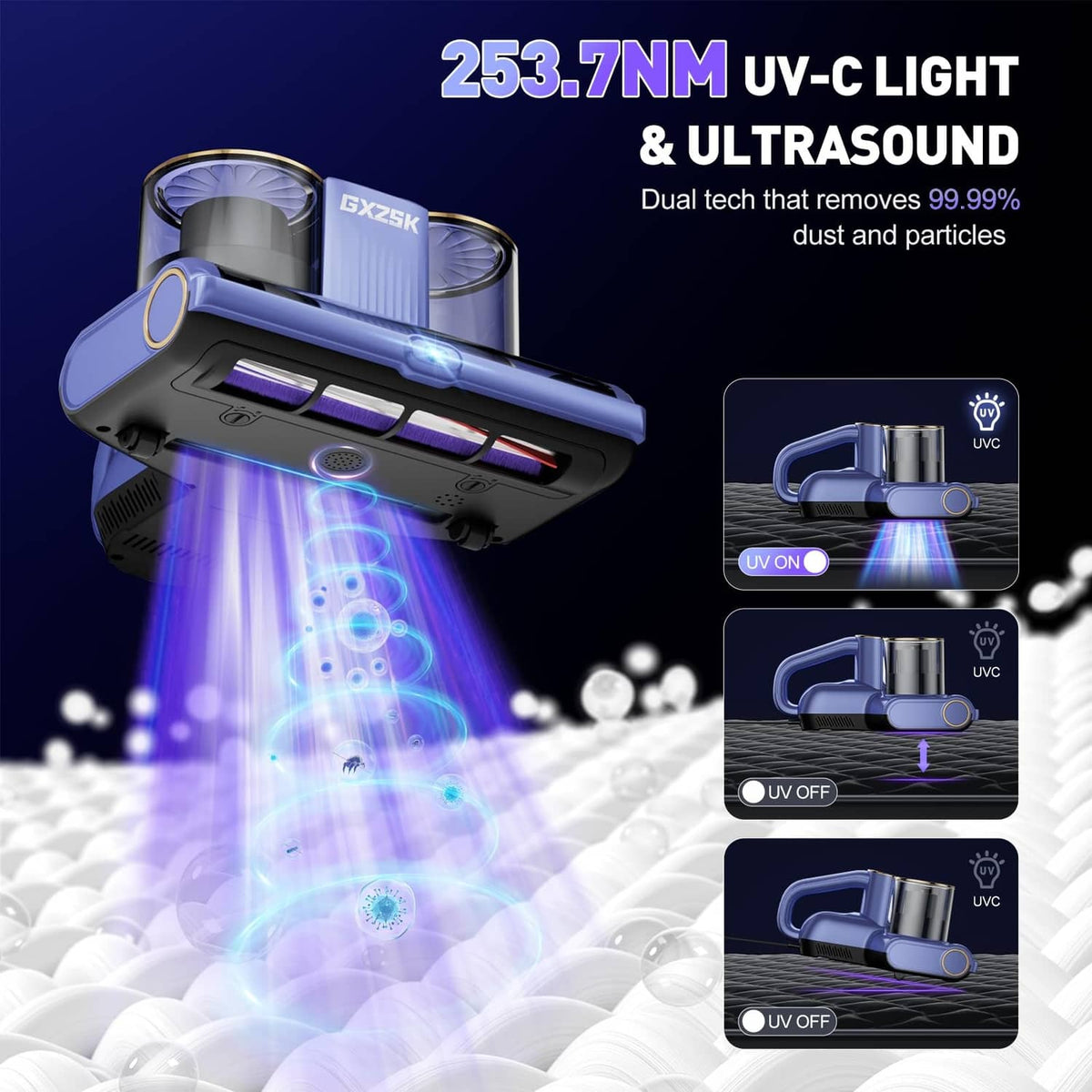 Blue mattress vacuum cleaner head with UV-C light glow and two dust collection tanks