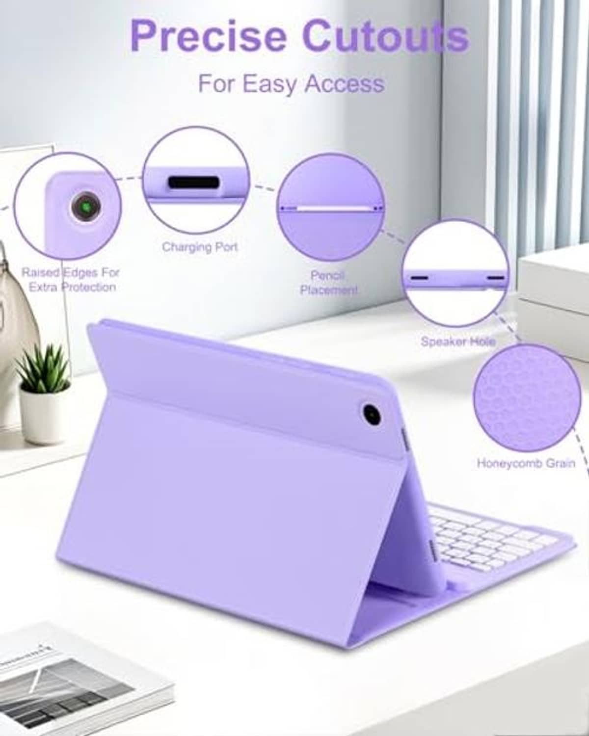 Purple tablet folio case with camera cutout and kickstand for typing