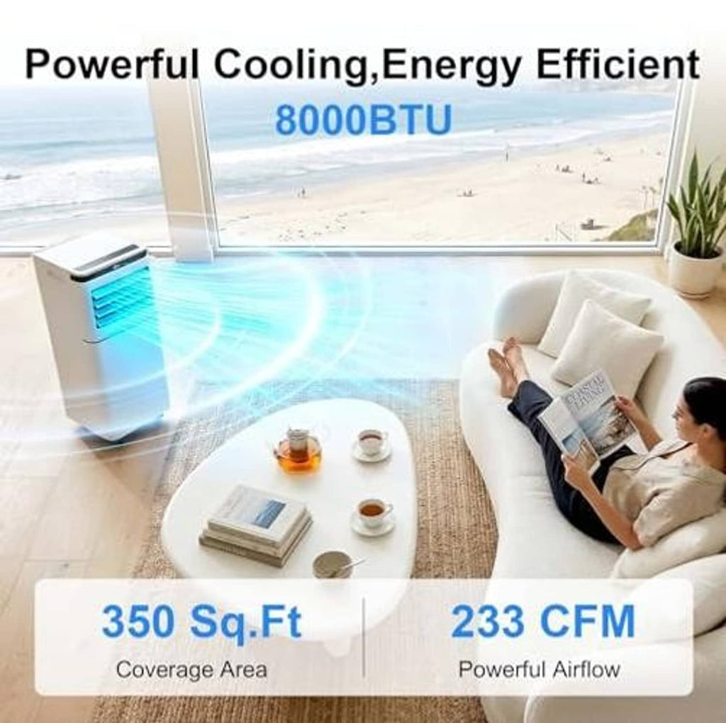 Portable air conditioner with strong cool-air airflow near a window and seating