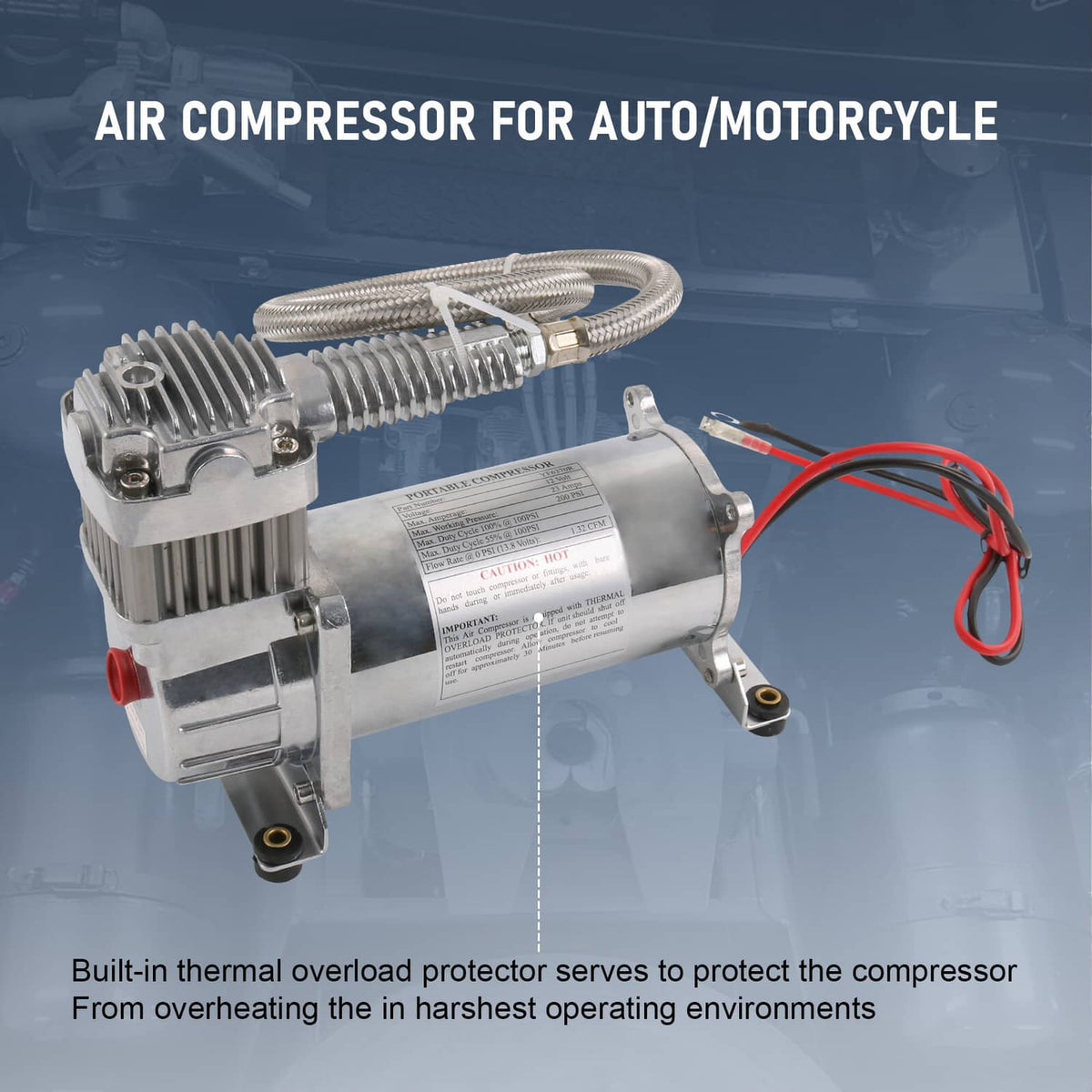 Air compressor with braided hose and red/black wiring, angled for side view