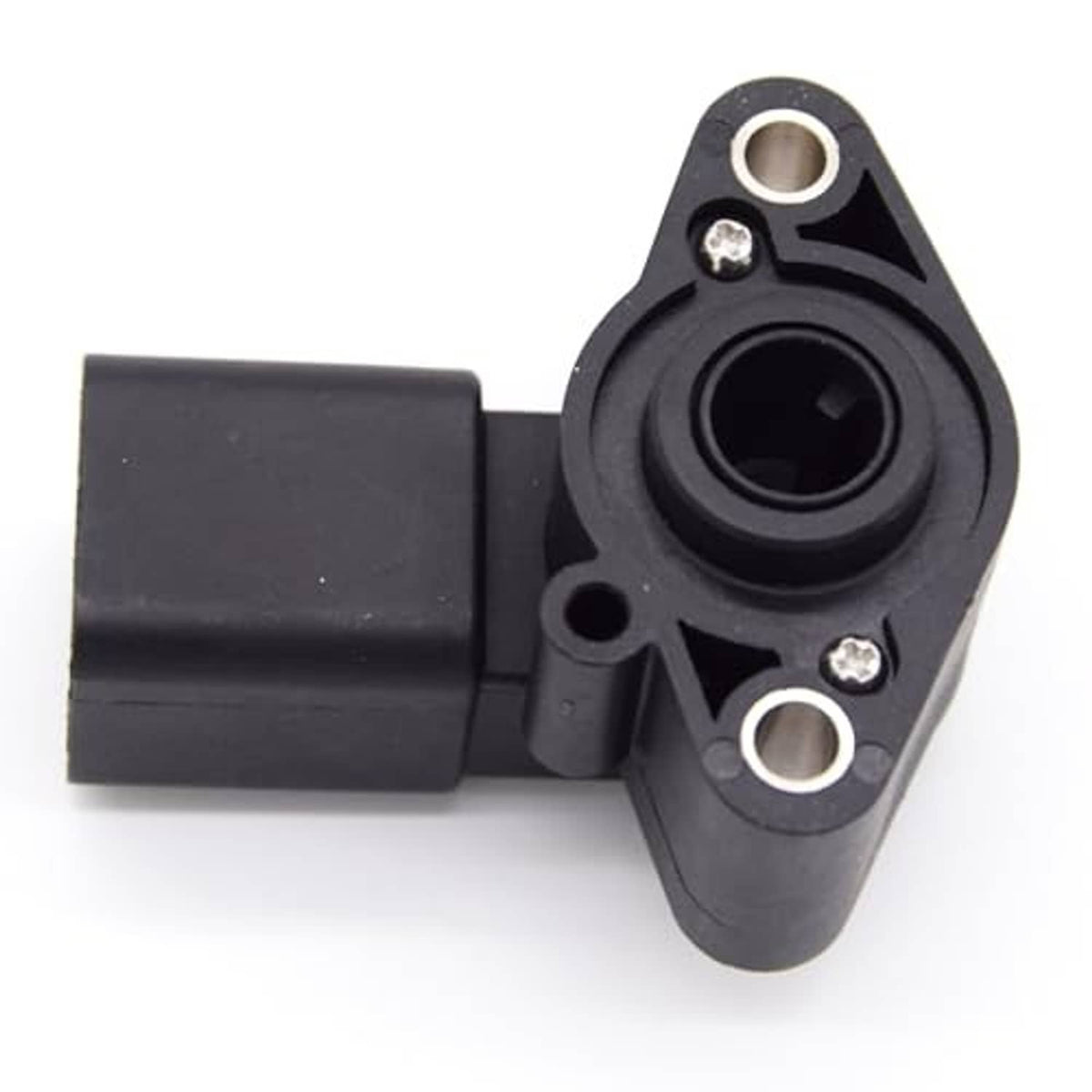 Rotational position sensor with black cylindrical cable connector and mounting bracket