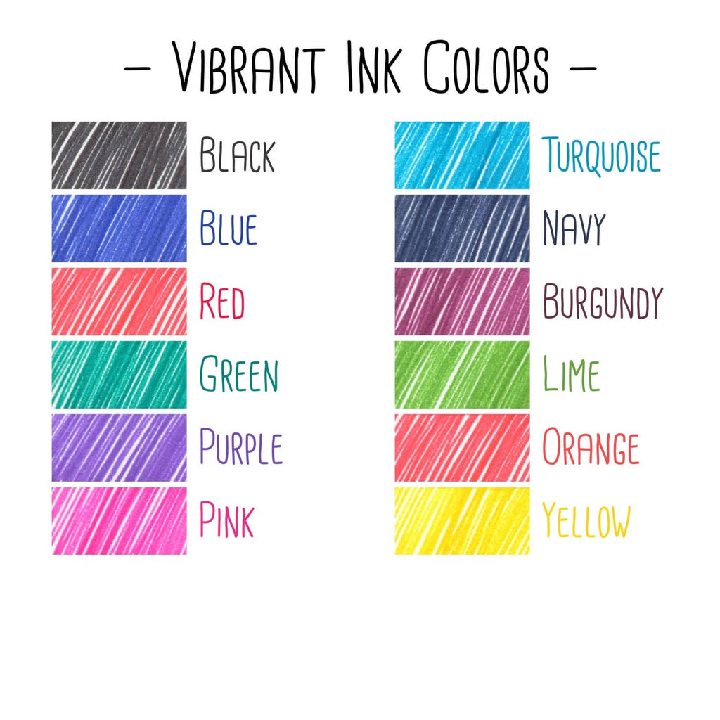 Retractable ink color swatch chart with black, blue, red, green, purple, pink, and more
