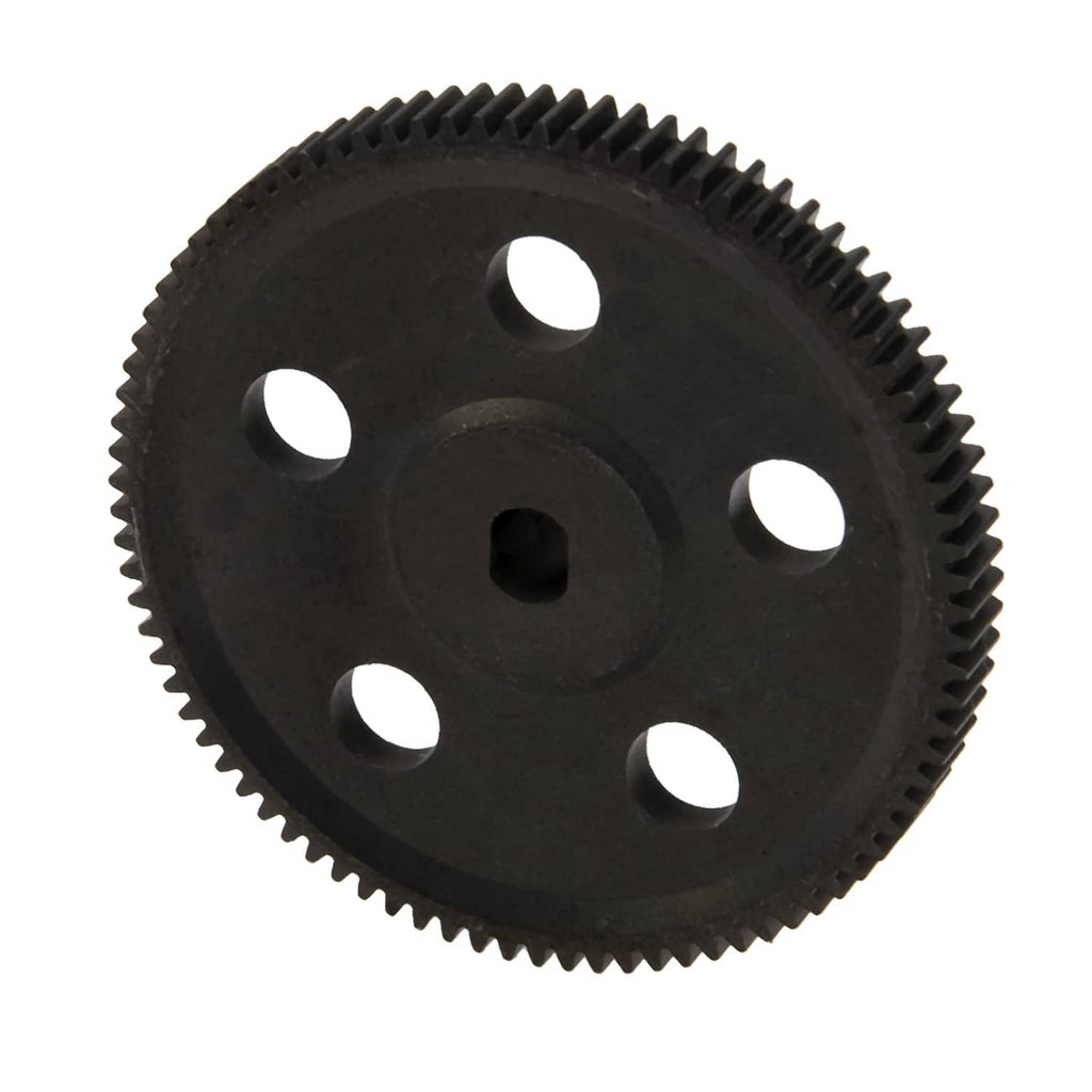 Black steel spur gear with five mounting holes and ring of gear teeth