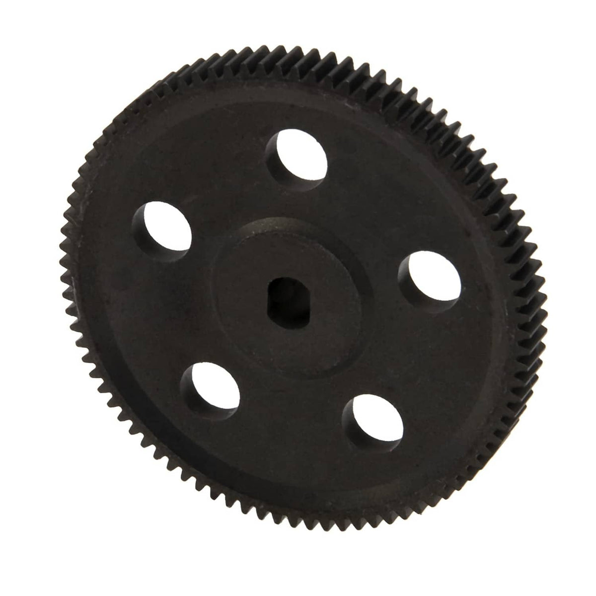 Black steel spur gear with five mounting holes and ring of gear teeth