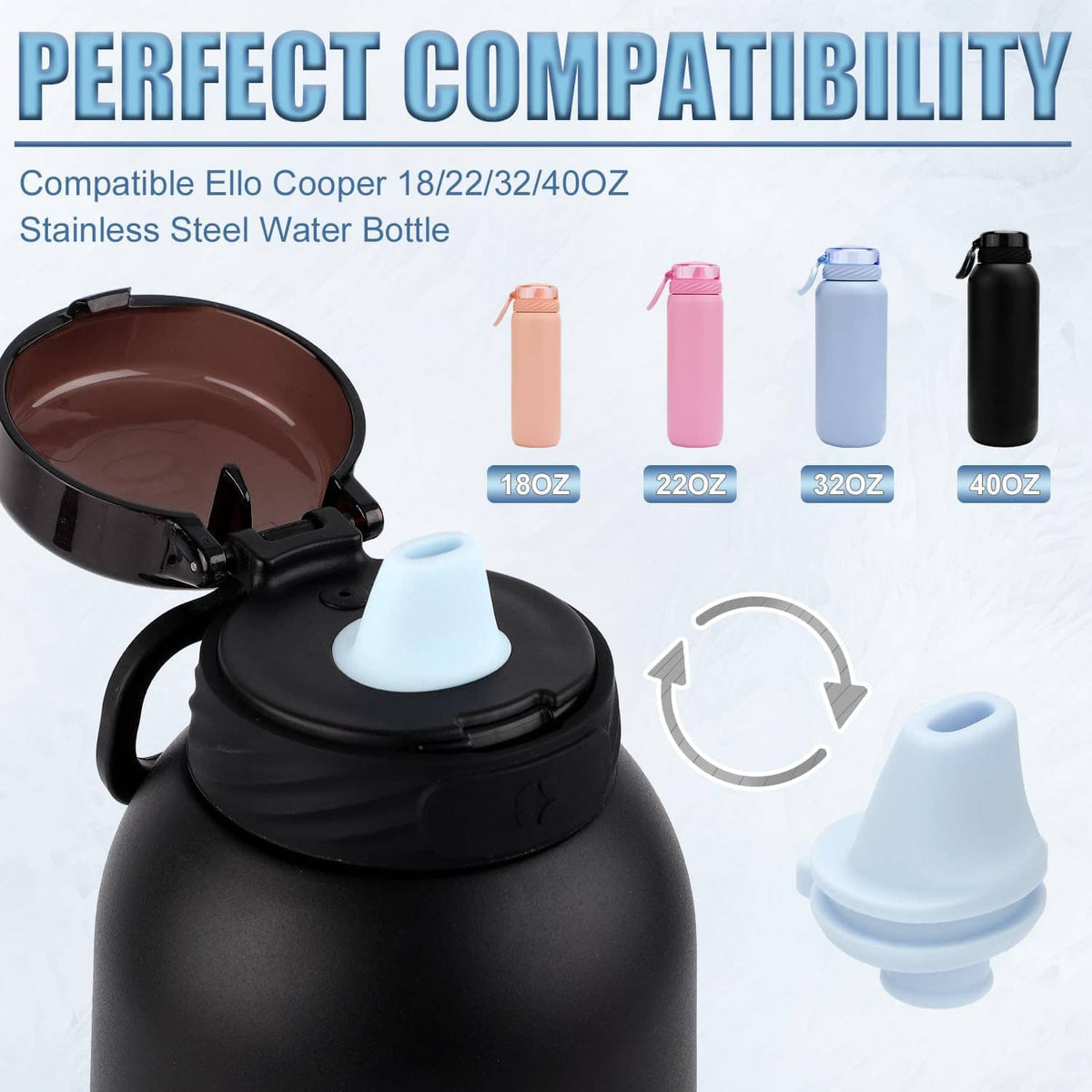 Black water bottle lid with light blue bite valve and included 4 replacement pieces