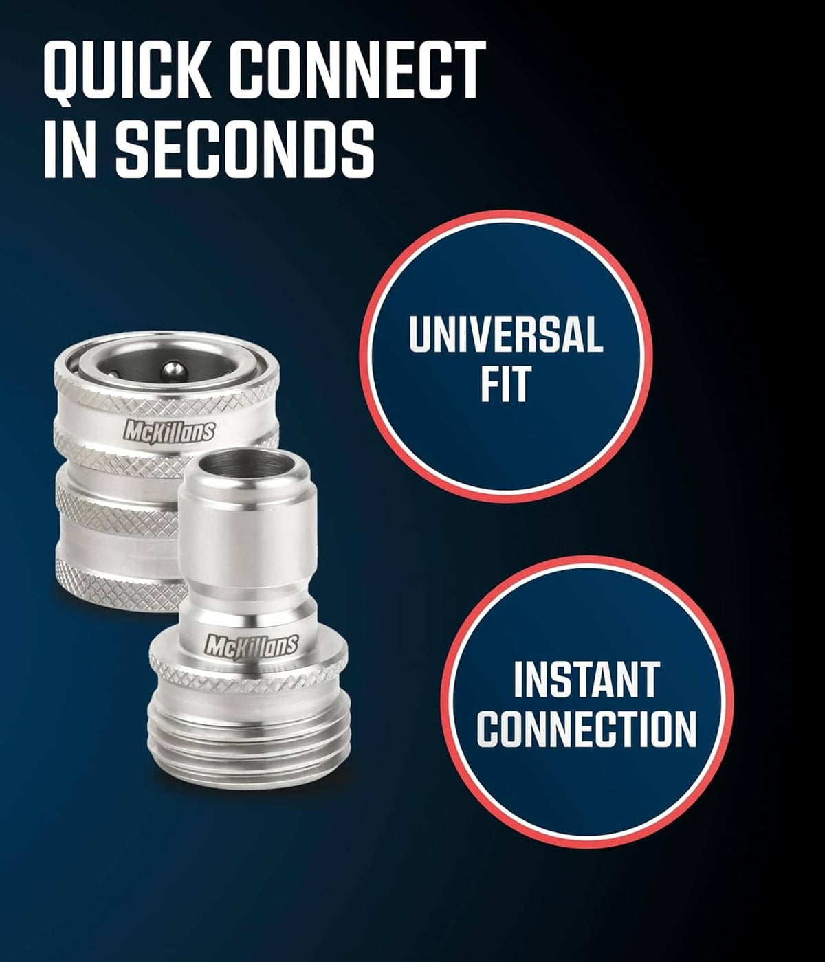Stainless steel quick-connect couplers for universal hose fit, snap-together design