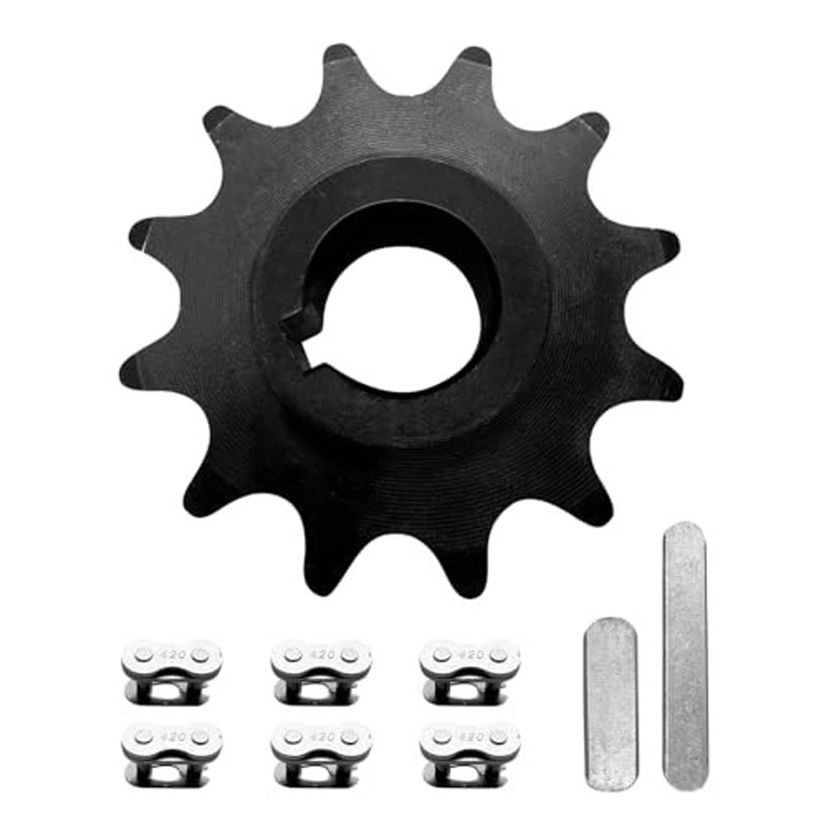 Black 12-tooth sprocket with central bore and keyway, two included metal keys