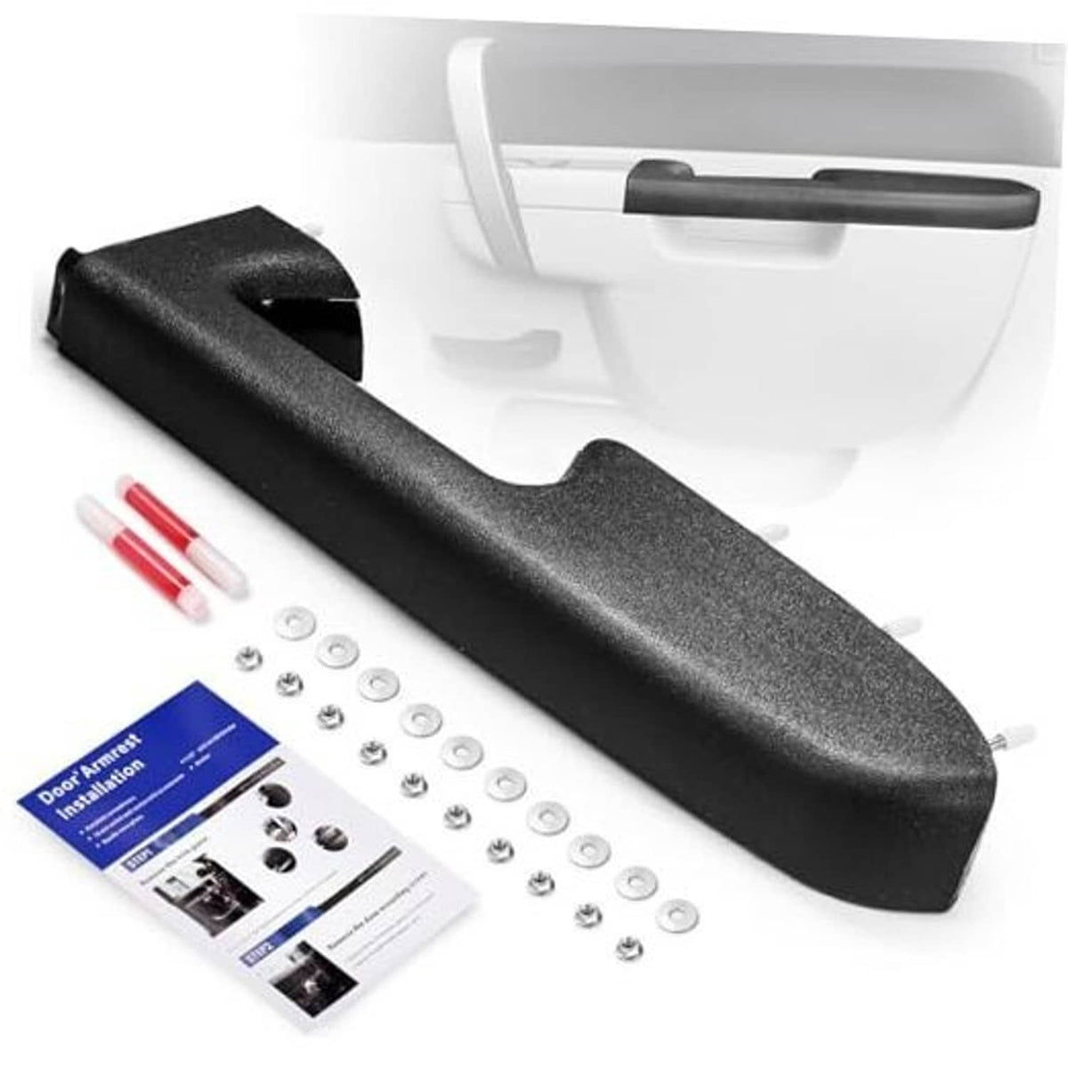 Black front passenger side door armrest with textured finish and mounting hardware set