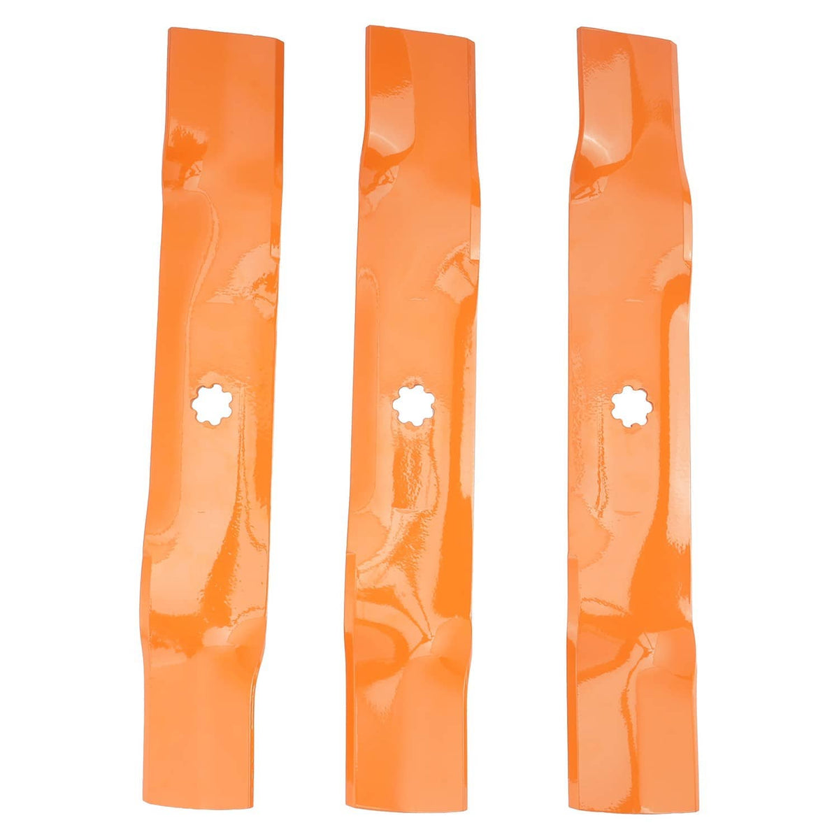 Three orange mower deck blades standing vertically, each with a center bolt hole