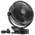 Black portable rechargeable USB fan with circular grille and sturdy clamp base