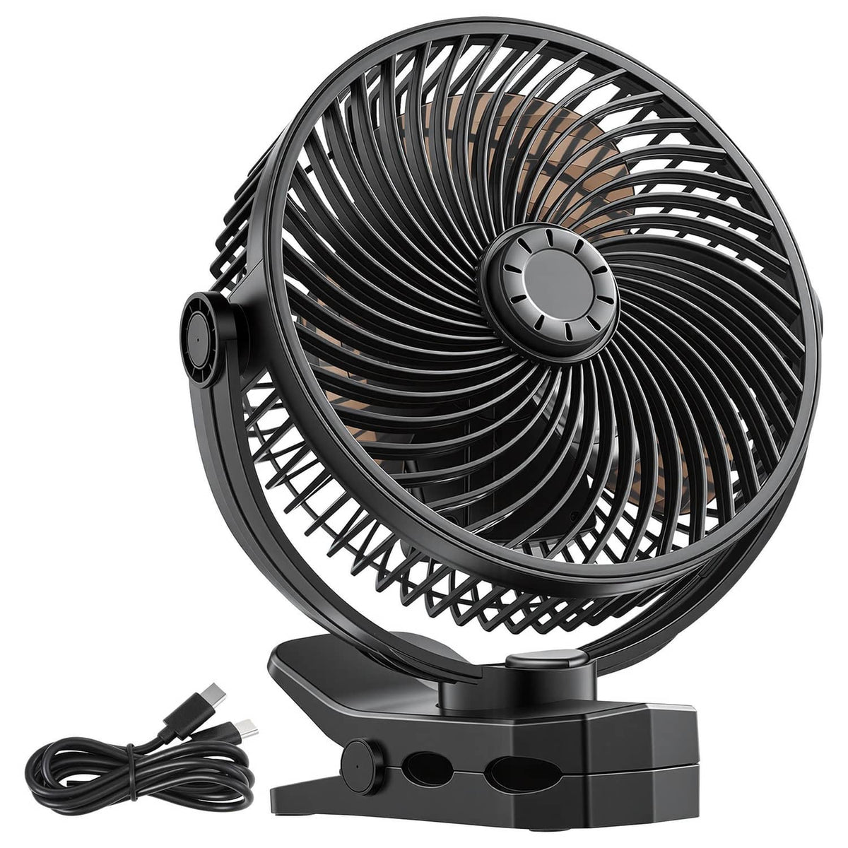 Black portable rechargeable USB fan with circular grille and sturdy clamp base