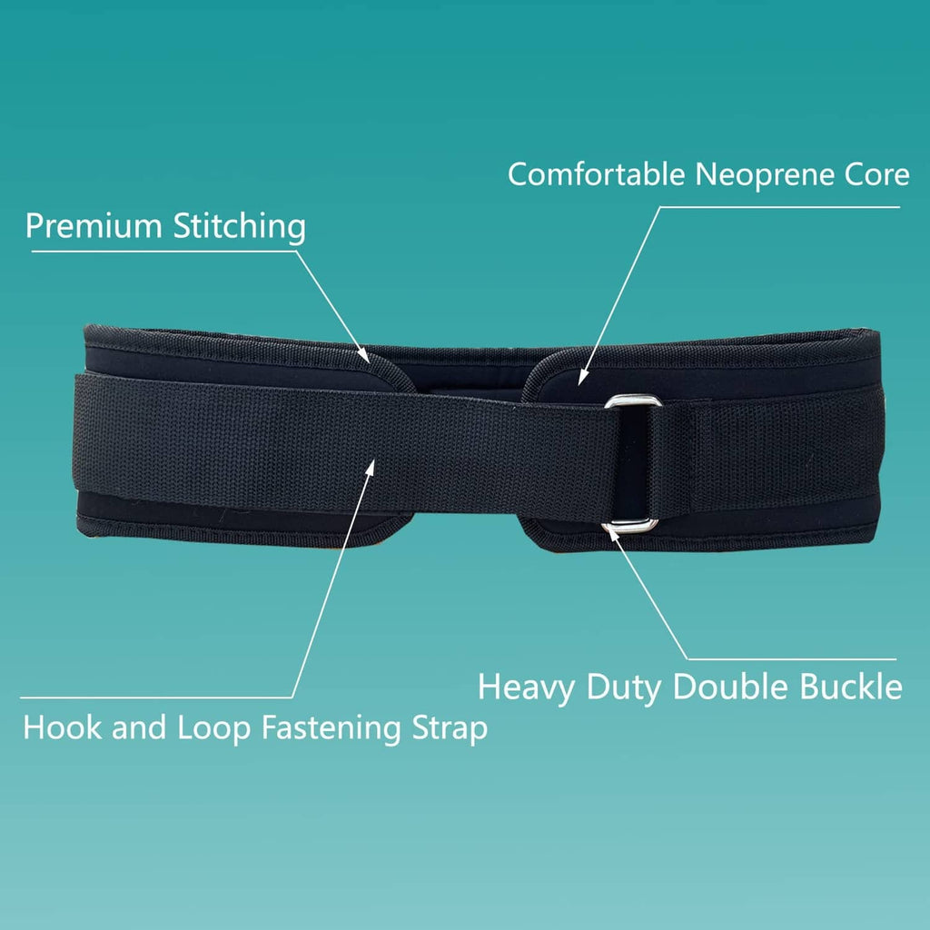 Black padded waist belt with hook-and-loop strap and center buckle closure