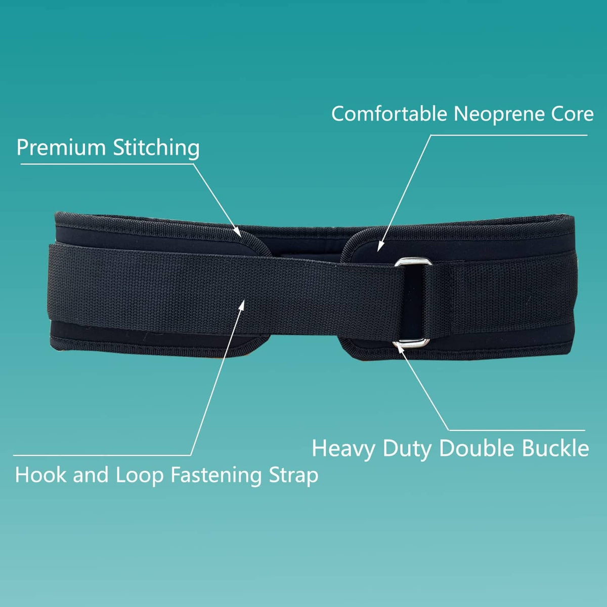 Black padded waist belt with hook-and-loop strap and center buckle closure