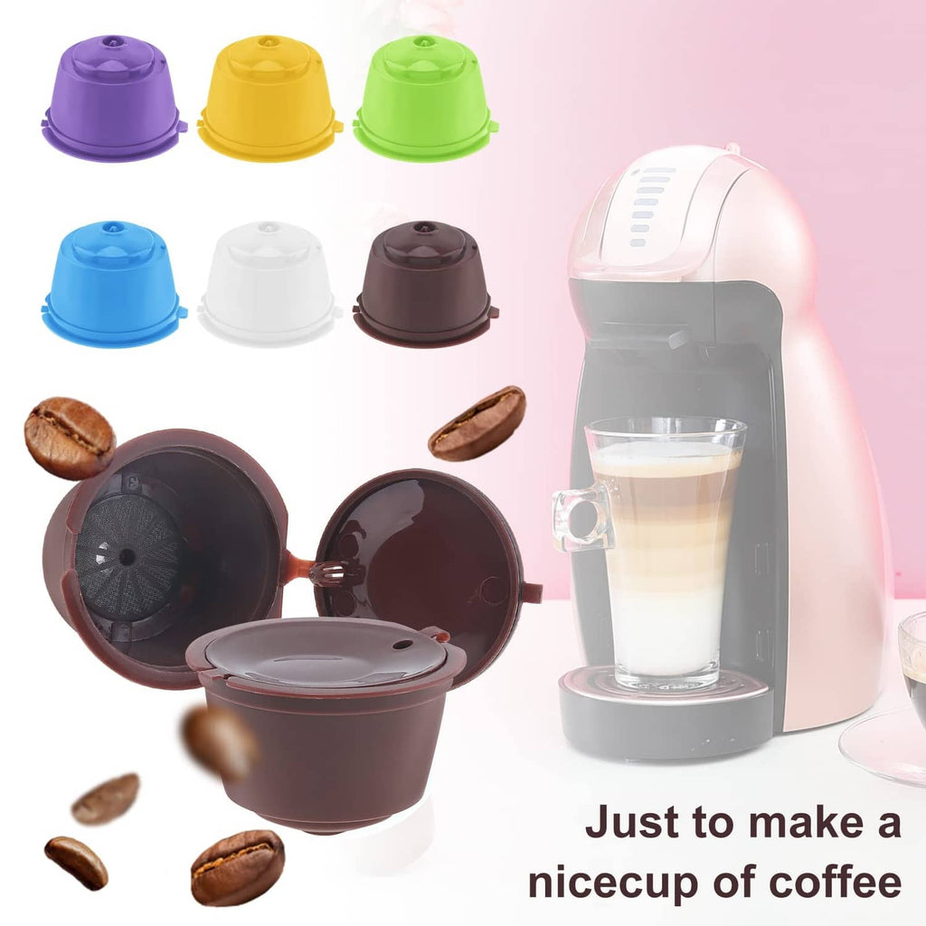 Six reusable coffee capsule lids in purple, yellow, green, blue, brown, and white