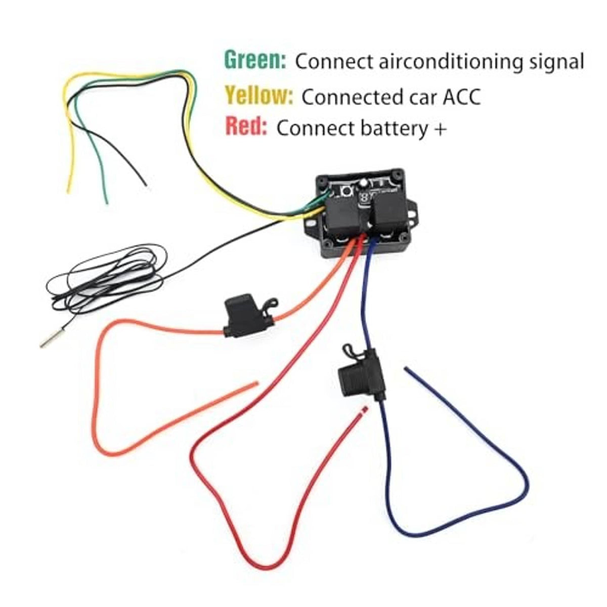 12V fan controller wiring harness with labeled leads and small sensor/controller unit