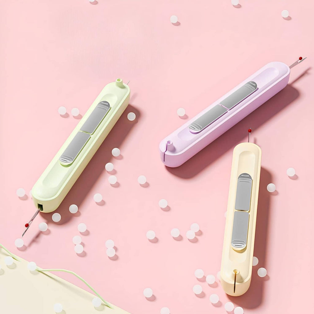 2-in-1 needle threader and seam ripper set, pastel green, purple, and cream tools