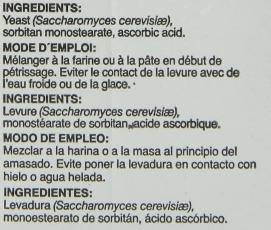 Saf instant yeast ingredients and directions text close-up on label