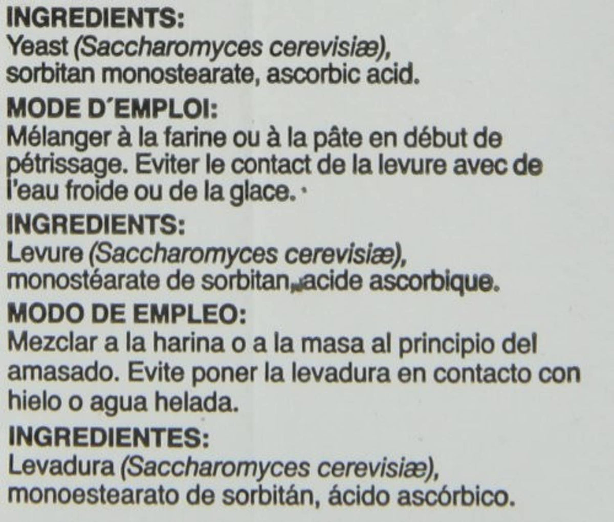 Saf instant yeast ingredients and directions text close-up on label
