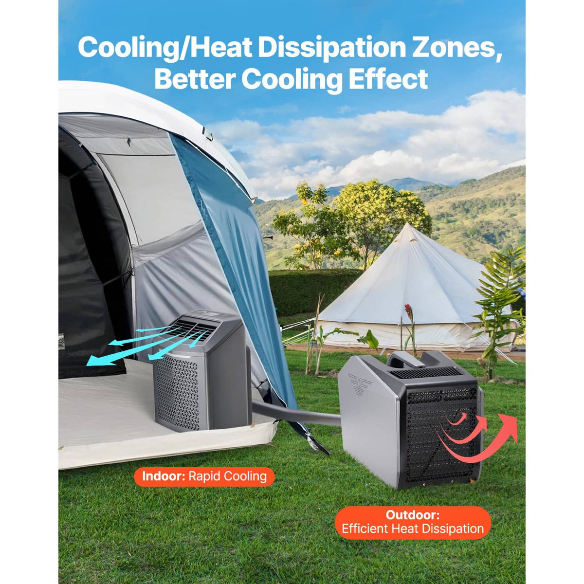 Portable AC unit shown beside a camping tent, compact light gray design