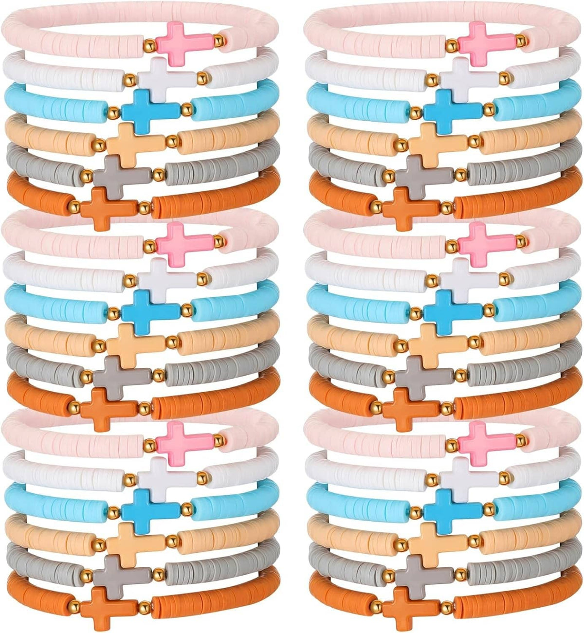 Stacked silicone cross bracelets in pink, blue, orange, and gray with gold-tone cross charms