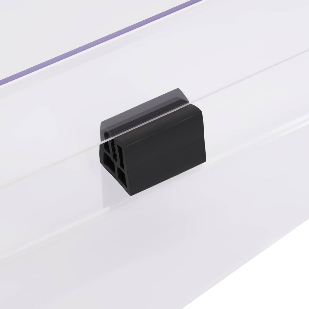 Close-up of black mounting bracket on clear windshield windscreen with purple trim