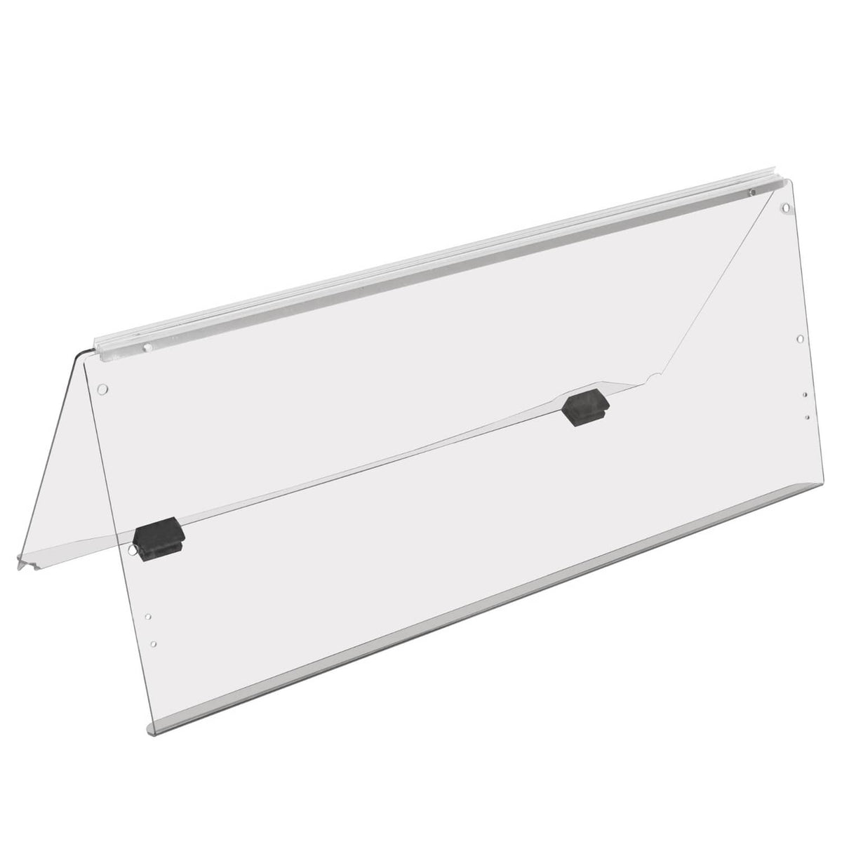 Clear folding windscreen panel with black mounting blocks and side brackets