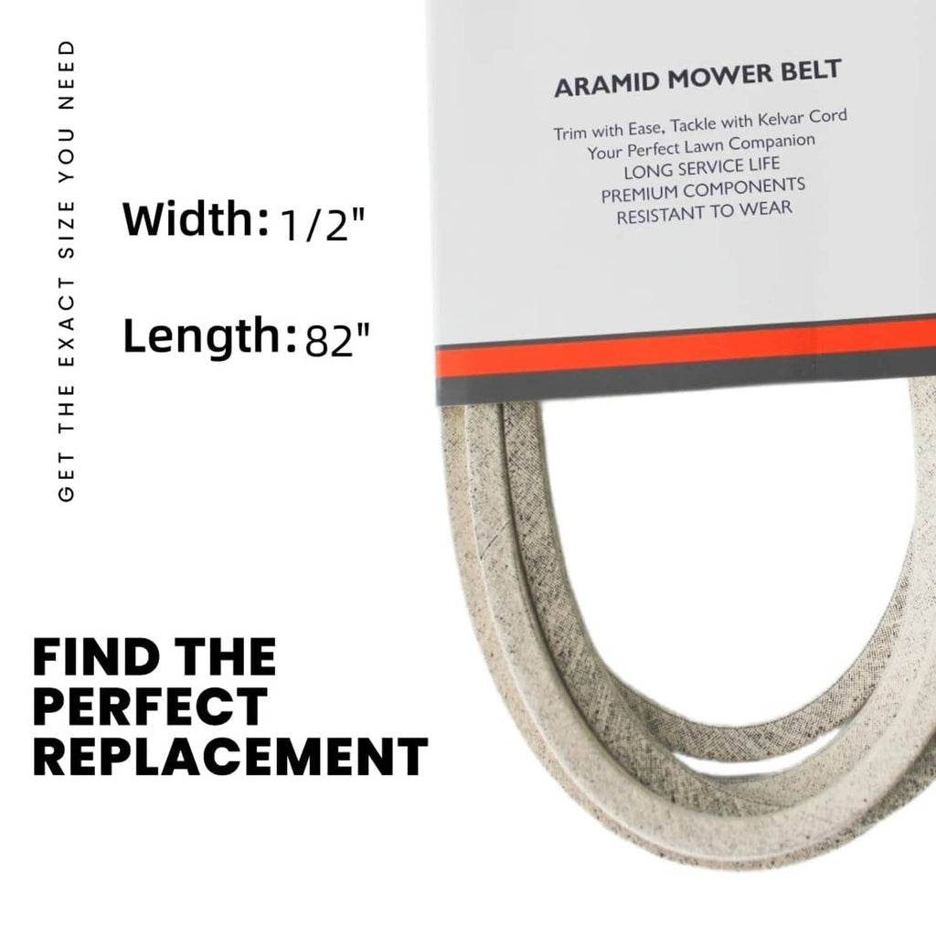 Gray aramid mower belt with size markings, U-shaped replacement loop