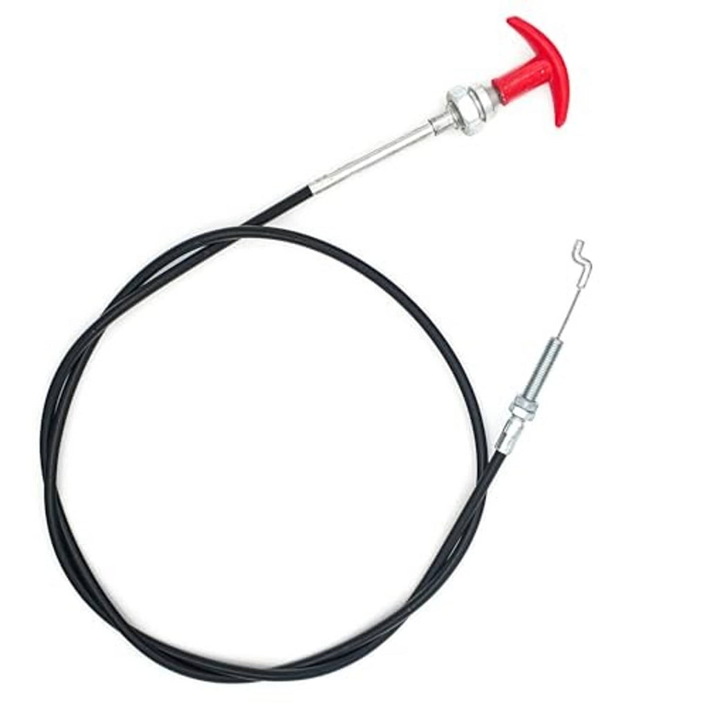Reverse clutch cable assembly with black cable loop, red handle, and silver coupler