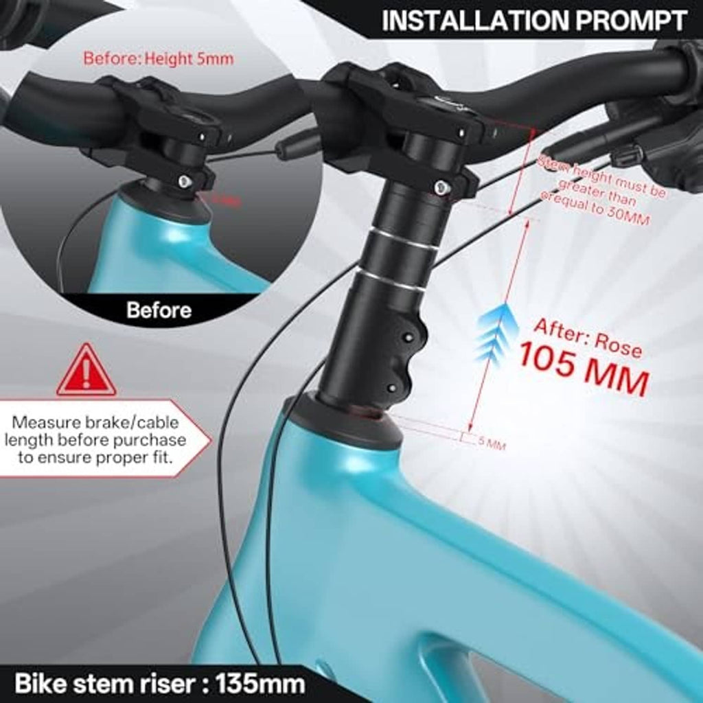 Black bicycle stem riser extender installed on a blue fork near the handlebar