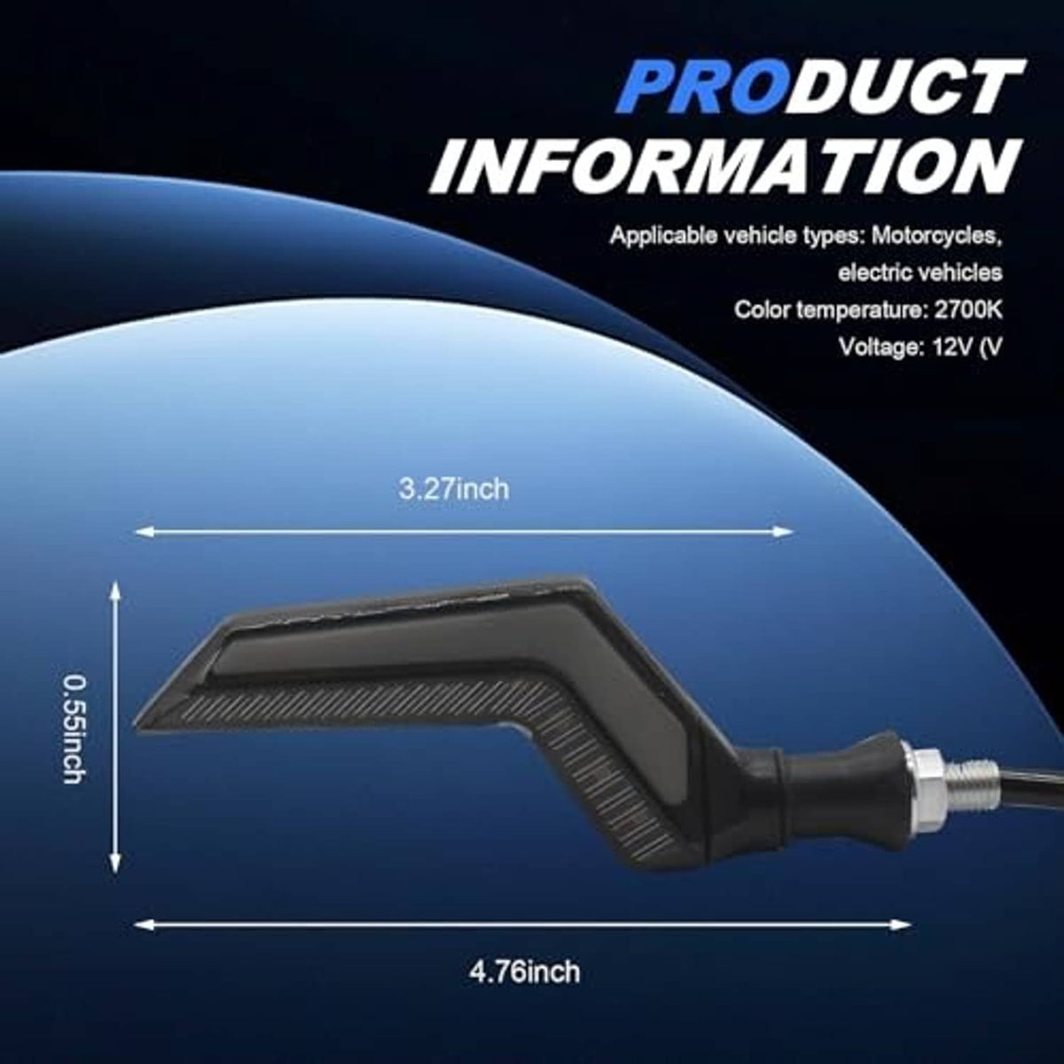 Single black LED turn signal with blue light strip and threaded mounting stud