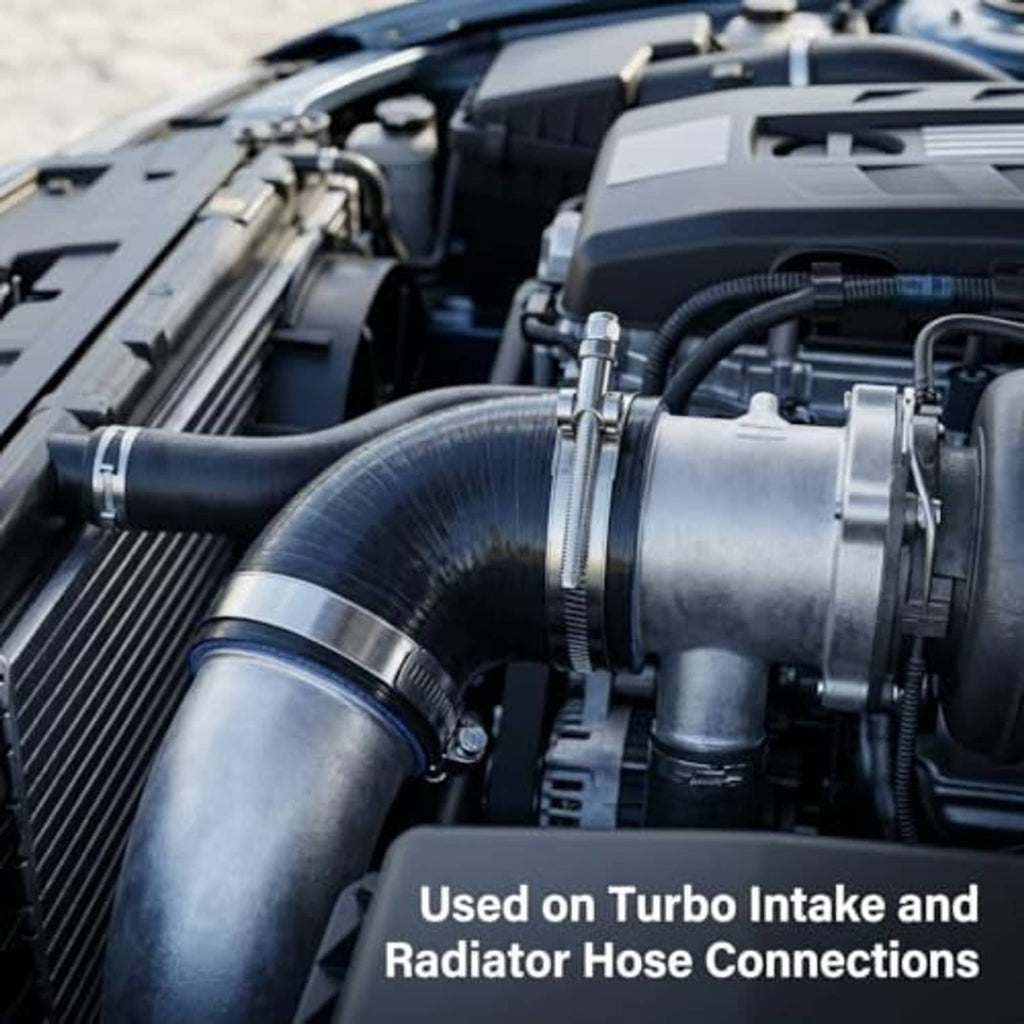 T-bolt hose clamp installed on turbo intake hose connection in an engine bay
