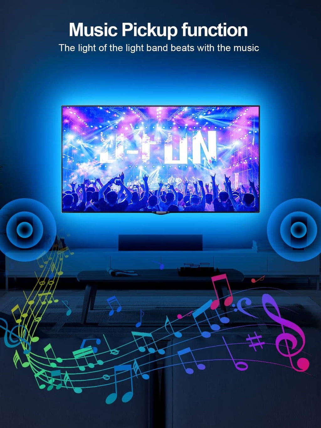 Music-reactive LED TV backlight strip creating colorful light effects behind TV