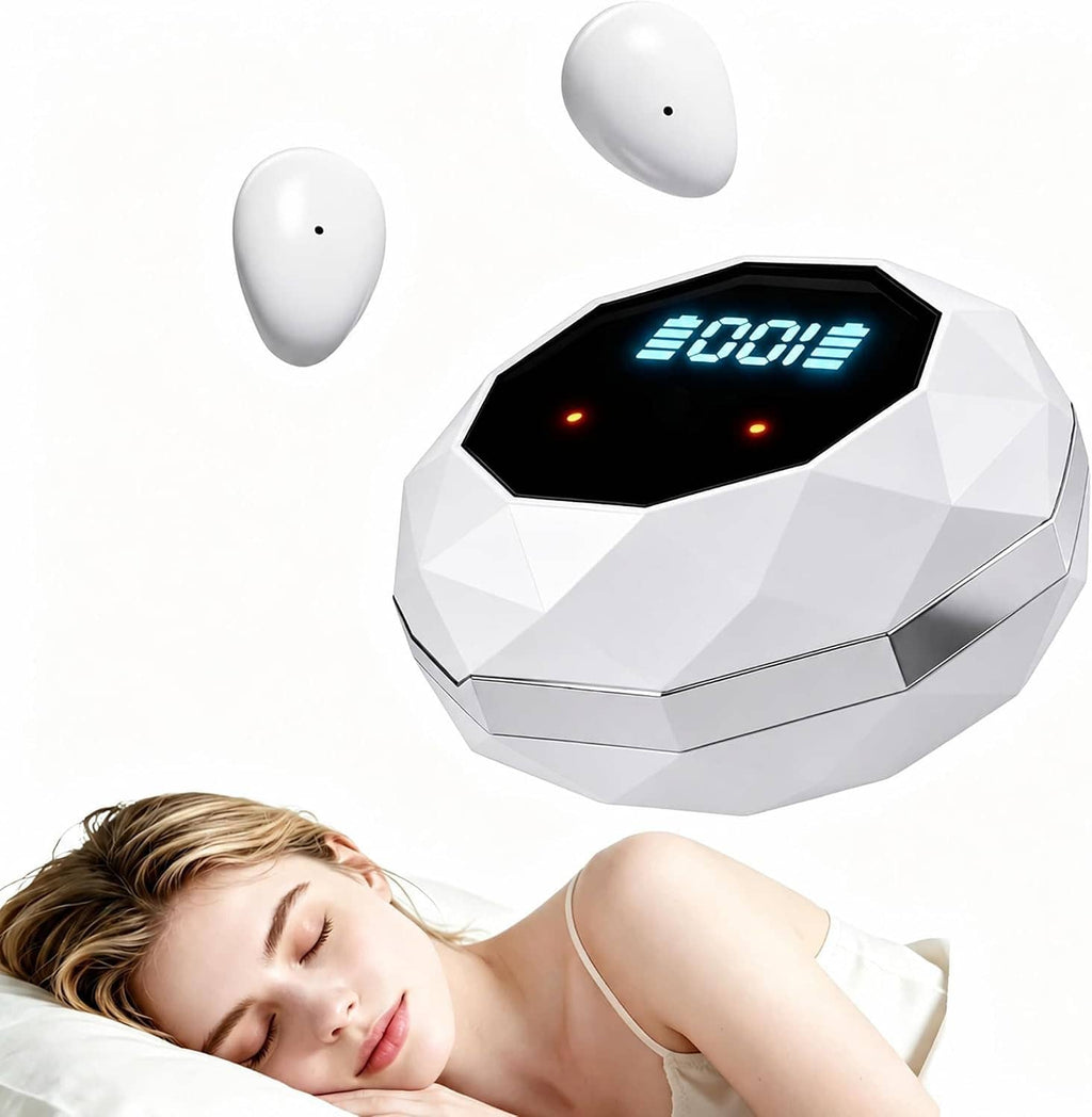 White wireless sleep earbuds near a white charging case with blue LED display