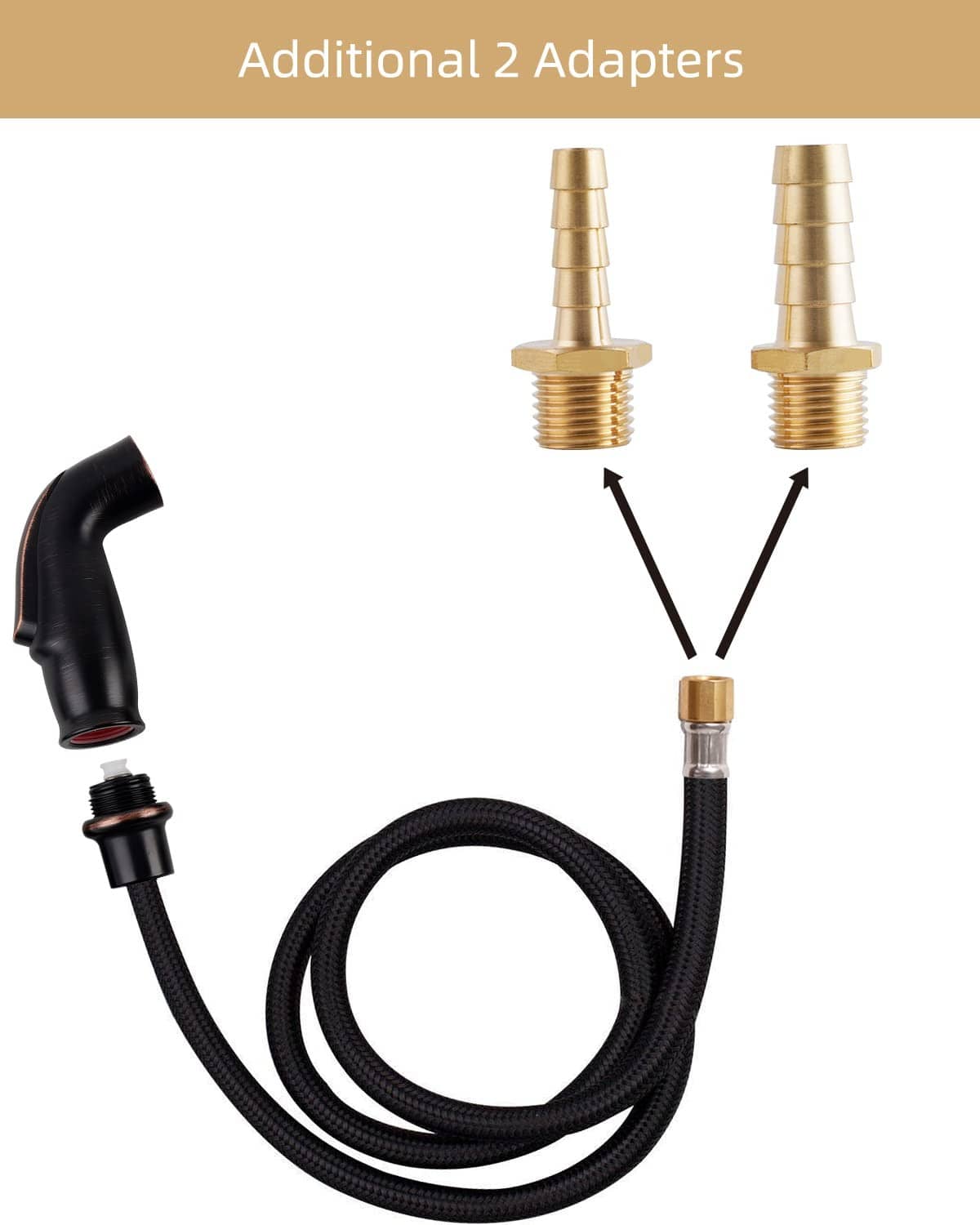 Additional adapters for sink sprayer with black head, braided hose, and bronze connectors