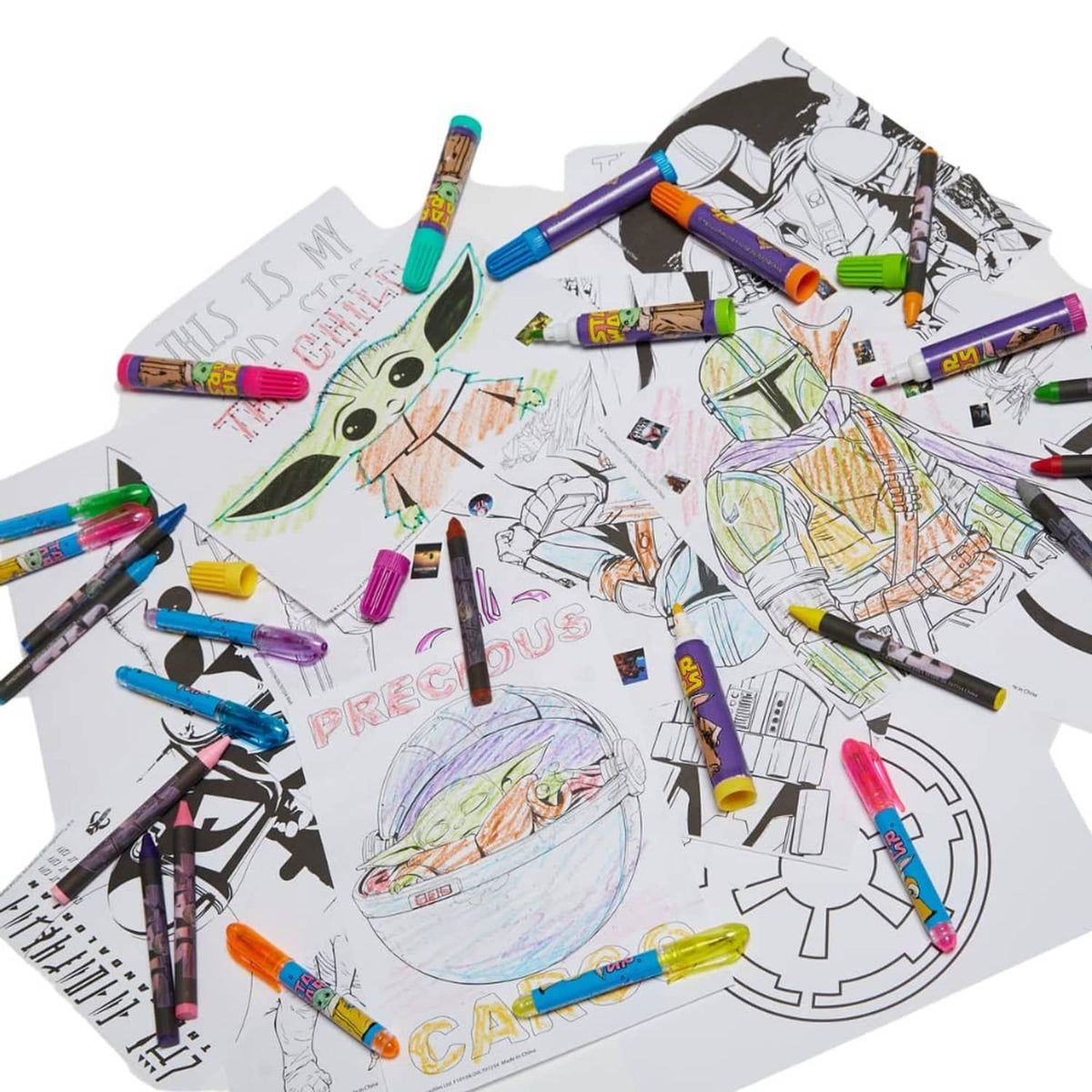 Mandalorian coloring sheets with outline drawings and various colored markers