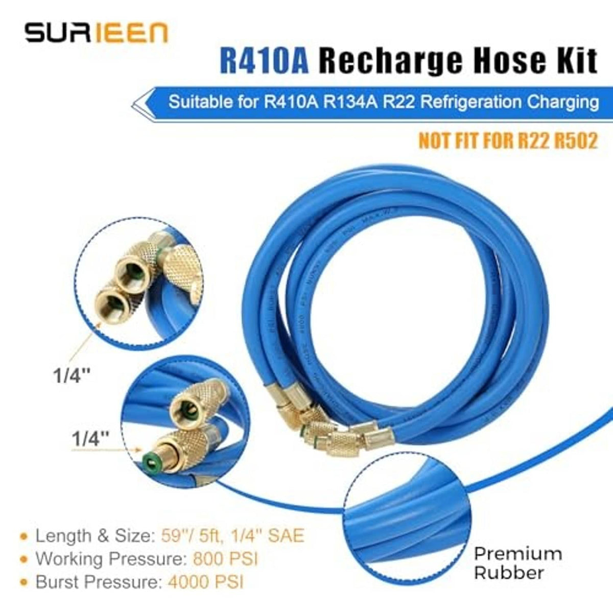 R410A recharge hose kit with 1/4 in SAE brass fittings and premium rubber hose