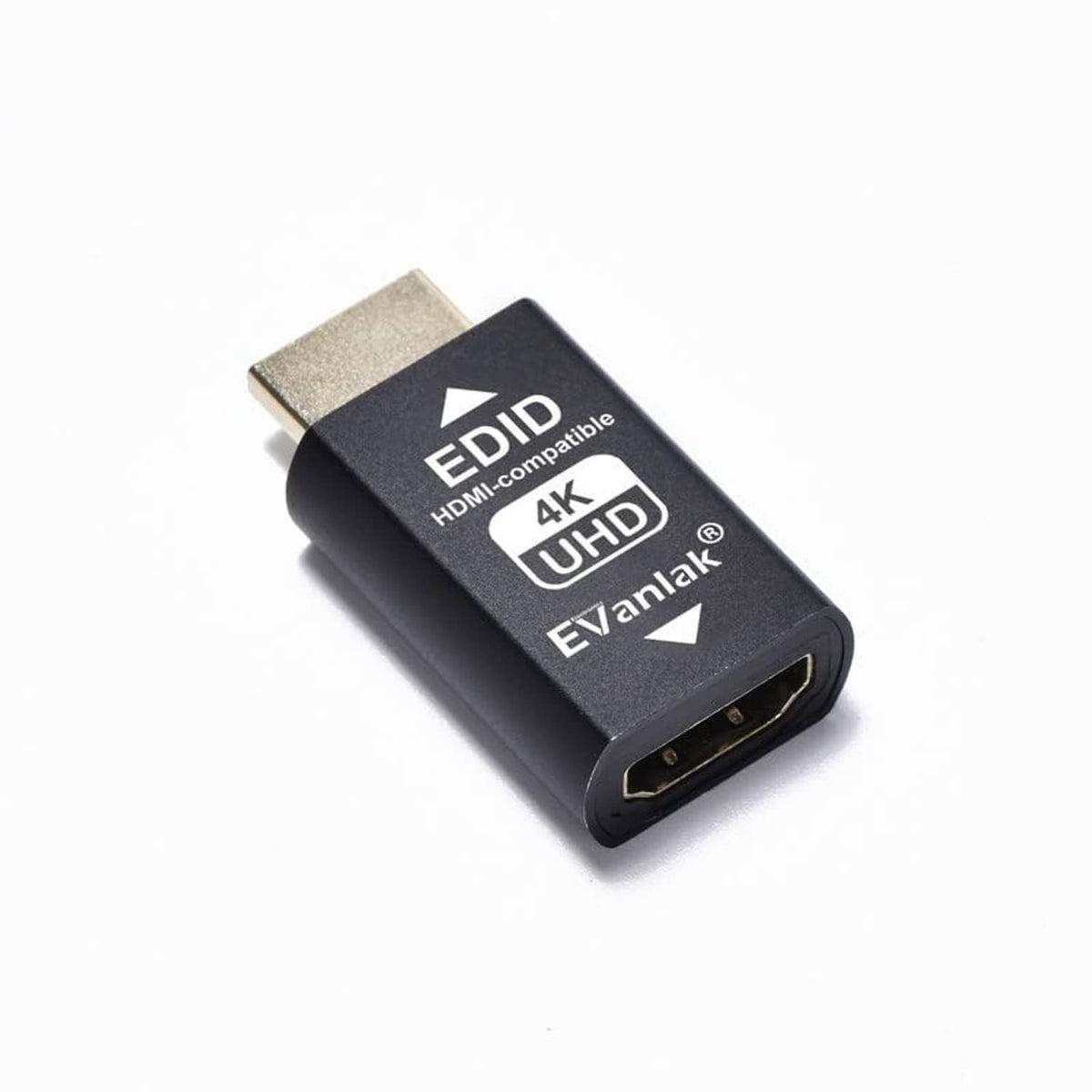 Evanlak HDMI EDID emulator passthrough adapter with gold HDMI port, 4K UHD marking