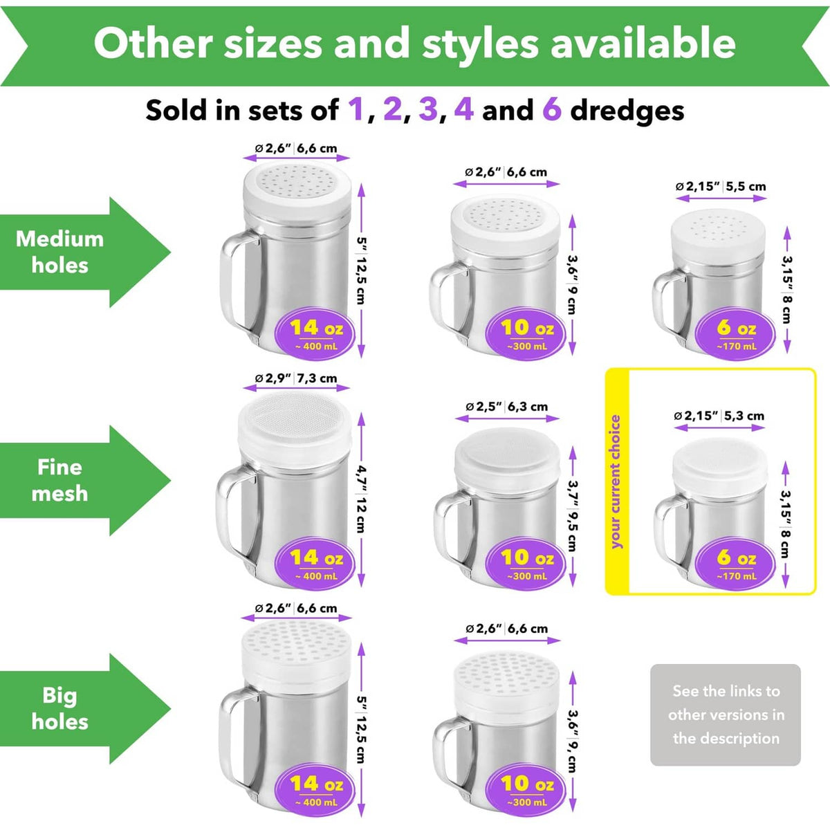 Stainless steel shaker dusters set with fine, medium, and big mesh options