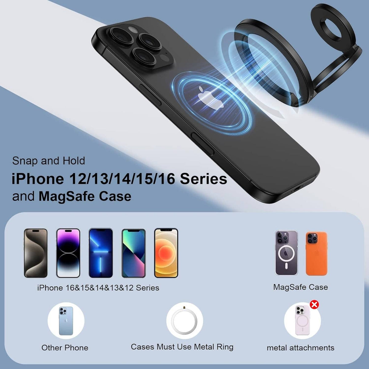 Black magnetic phone ring holder with finger ring, blue magnet glow shown on phone