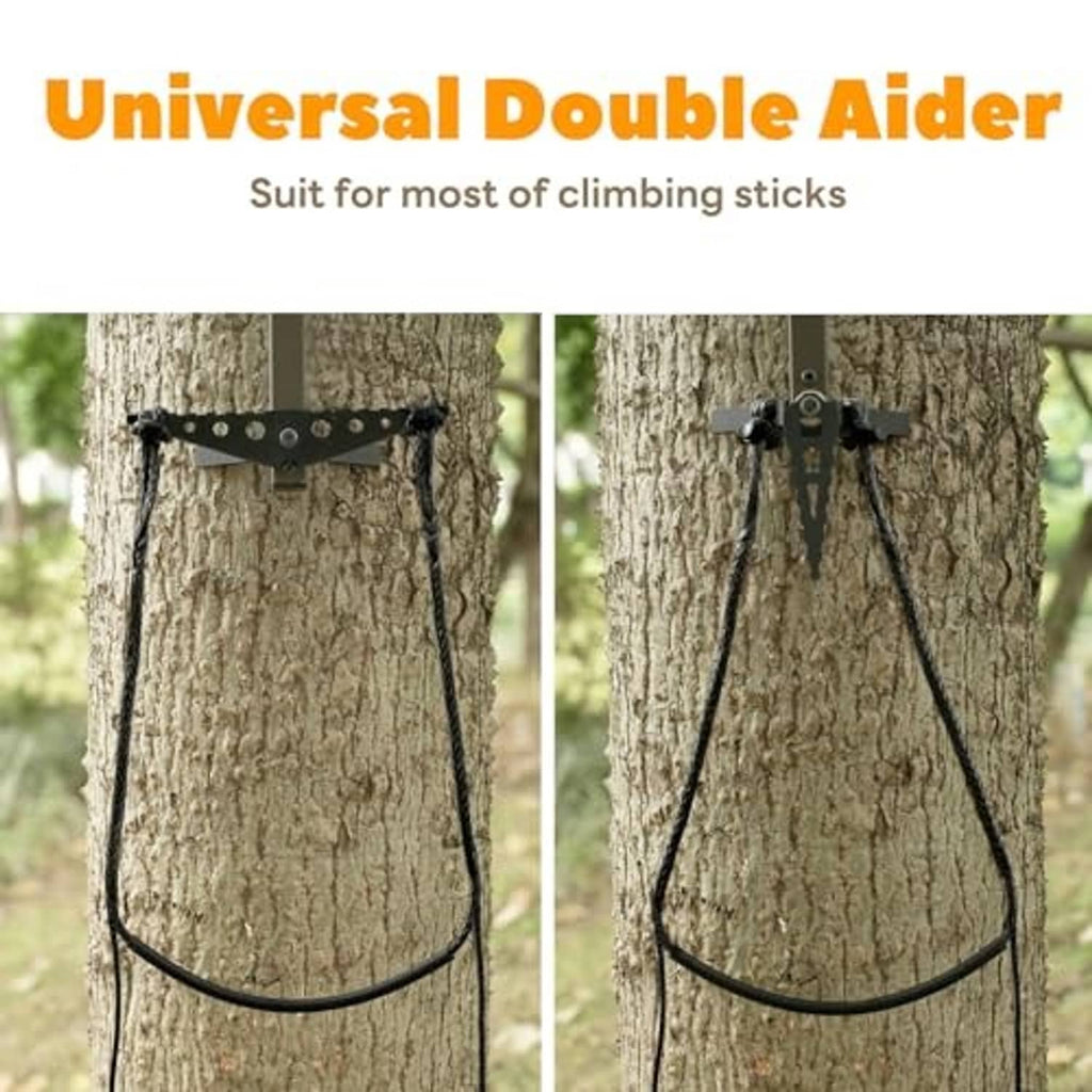 Universal double climbing stick aider with mounting bracket, two black rope loops, and strap