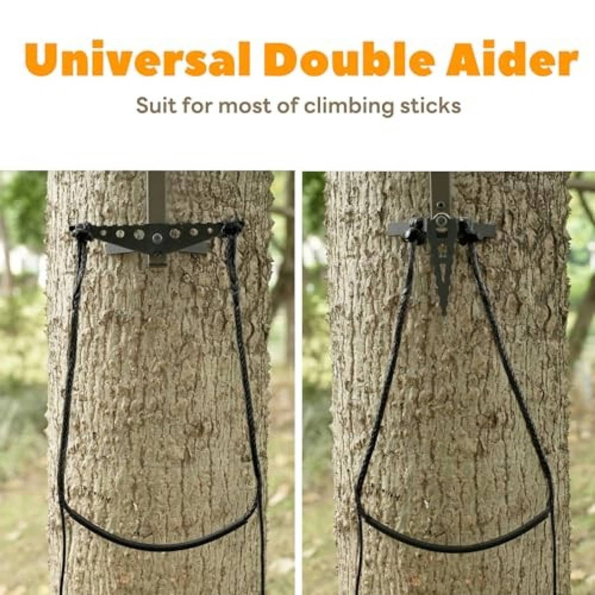 Universal double climbing stick aider with mounting bracket, two black rope loops, and strap